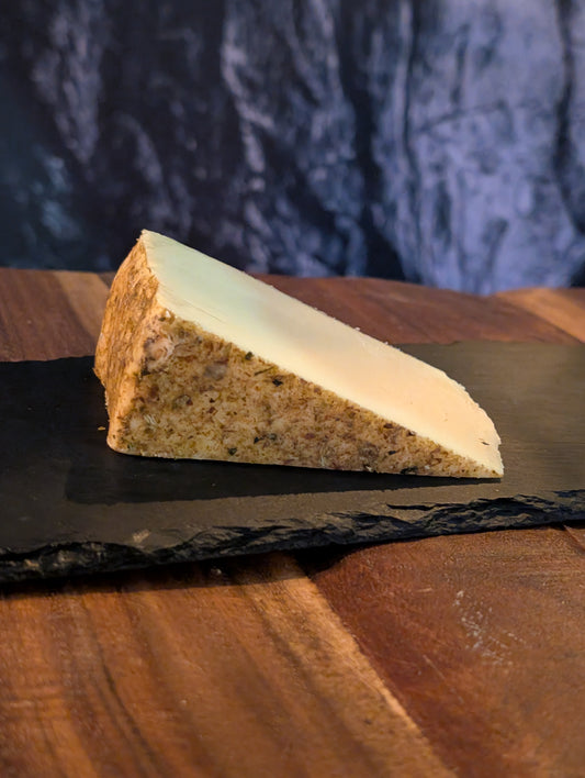 cheese with rolled and roasted hops that goes well with beer. Delicious and strong
