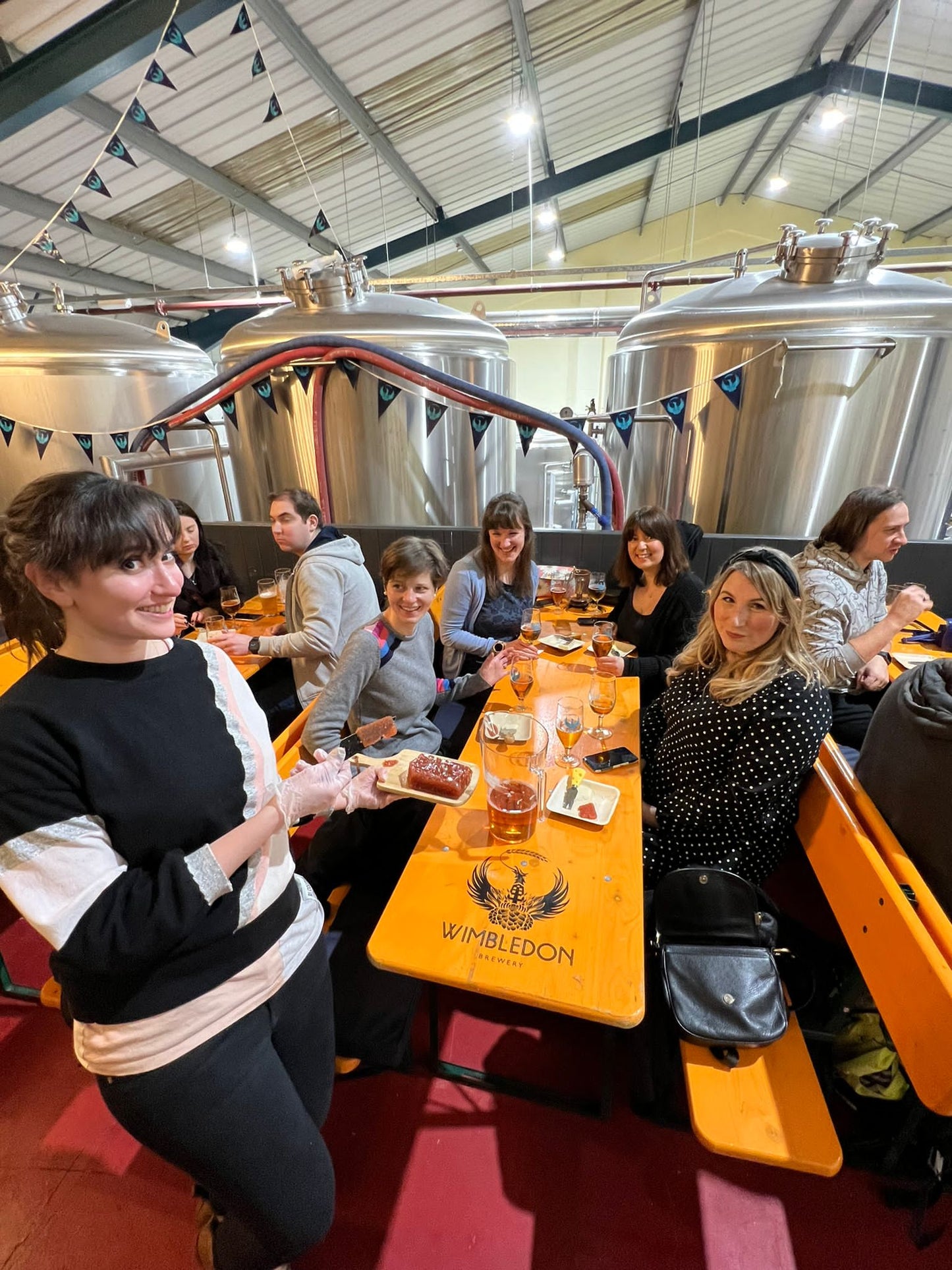 Beer and Cheese Pairing Event; beneath the fermentation tanks at the Wimbledon Brewery!